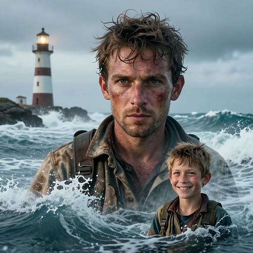 Photograph of a rugged, wet, bearded man with dirty hair and a young boy, both smiling, standing in turbulent ocean waves with a l