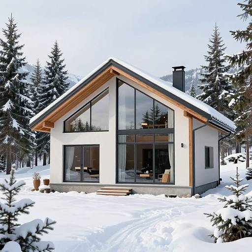 Modern mountain cabin with large glass windows, wooden roof beams, and snow-covered forest surroundings. Bright, clear winter day. Photorealistic CGI.