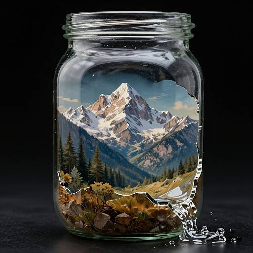 Photorealistic digital artwork of a glass jar containing a detailed snowy mountain landscape with pine trees and rocks, set against a black background, with water dro