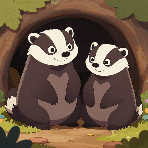 Cartoon illustration of two cute, chubby, black-and-white badgers standing side by side in front of a dark forest tunnel.