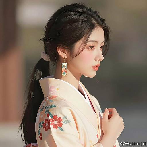 Asian woman in floral kimono profile