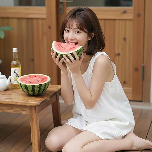 Young Woman Eating Watermelon on Wooden Floor