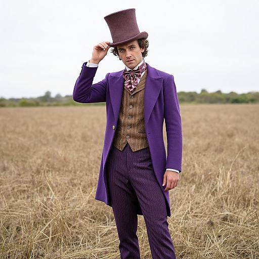 Photograph of a man in 19th-century Victorian attire, wearing a purple coat, brown vest, striped trousers, and top hat, standing in