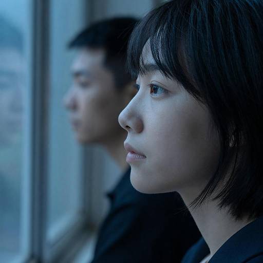 Young Asian Woman Looking Out Window with Man in Background