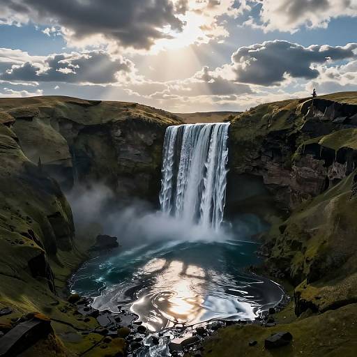 Photograph of a powerful waterfall cascading into a misty pool, surrounded by dark cliffs and greenery, under a dramatic, cloudy sky with sunlight