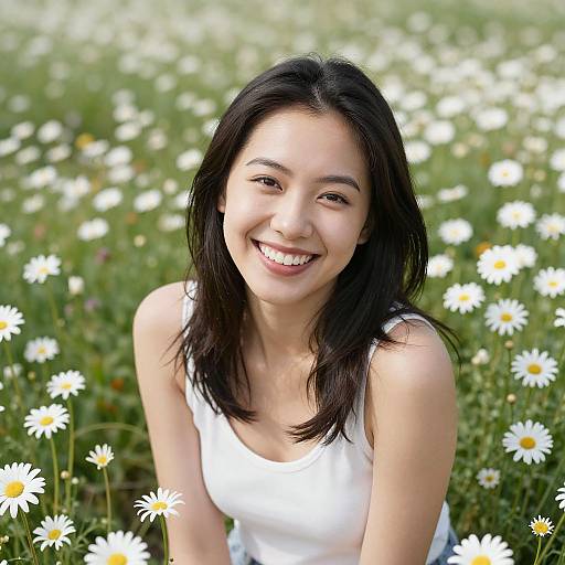 Photograph of a smiling Asian woman with black hair, wearing a white tank top, standing in a field of white daisies.
