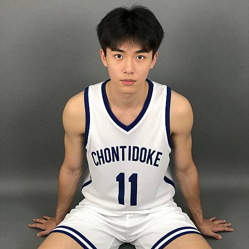 Photograph of an Asian male basketball player with short black hair, wearing a white 