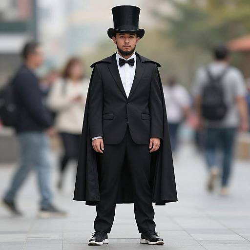 Photograph of a man in a black tuxedo with a long coat, black bow tie, and top hat, standing in a blurred city street