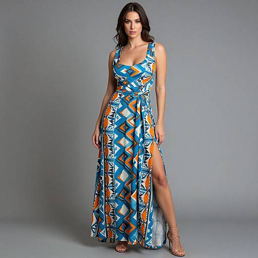Photograph of a dark-haired woman in a vibrant blue, orange, and white geometric-patterned maxi dress with a high slit, standing against a gray