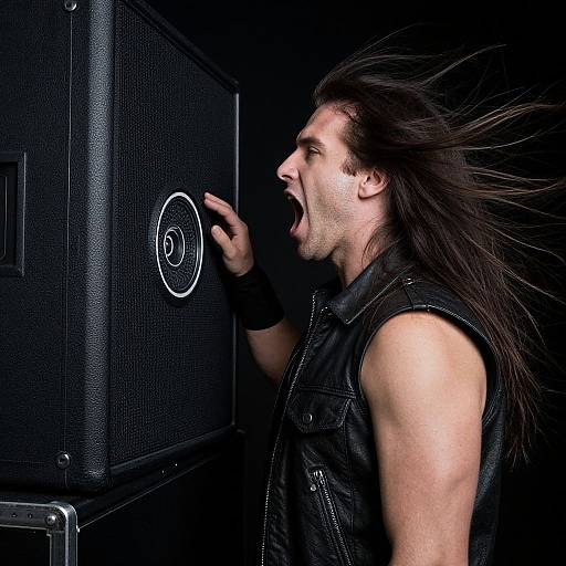Photograph of a long-haired, muscular man in a black leather vest, shouting into a large black speaker with a circular logo. Dark, intense background