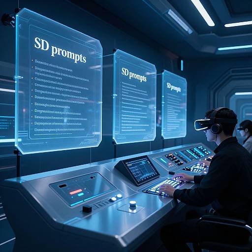 Photograph of a futuristic control room with a male operator wearing a headset, operating a illuminated console under blue-lit, holographic SD Prompts screens