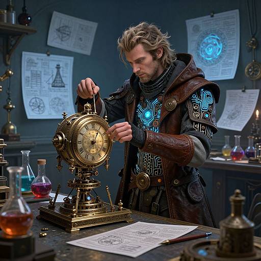 A bearded man with wavy hair and glowing blue runes on his sleeve adjusts a brass clock in a dimly lit, cluttered laboratory. Scientific