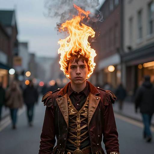 Burning Head Boy Costume on Street