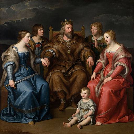 Renaissance-style painting of a regal king in fur robe, flanked by four women and a young boy, with dark, cloudy background.