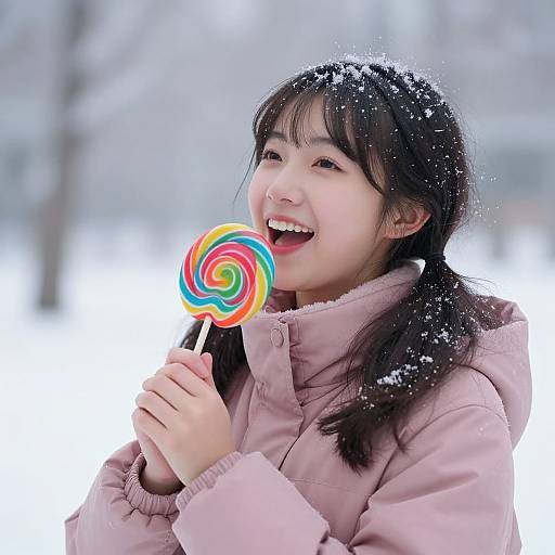 Photograph of a smiling Asian girl with black hair in pigtails, holding a rainbow swirl lollipop, wearing a pink jacket, snowflakes