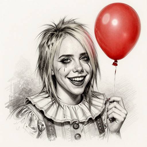 Monochrome digital drawing of a smiling woman with spiky blonde hair, holding a red balloon, wearing a ruffled collar.