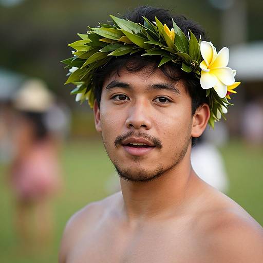 Photograph of a young Asian man with a black mustache, wearing a leafy and flowered head crown, shirtless, with a blurred outdoor