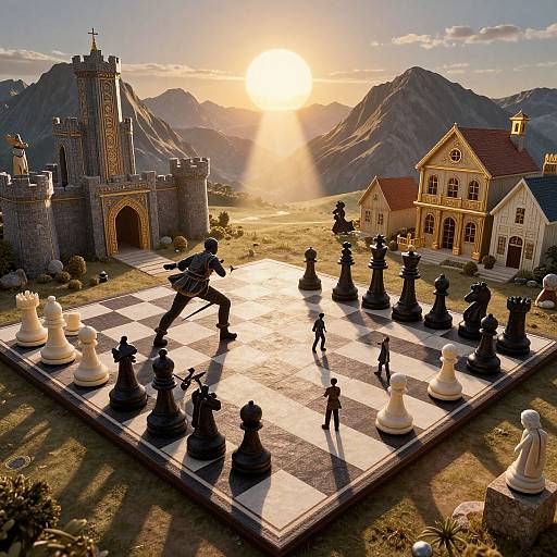 Digital art: Sunlit mountain landscape with a giant chessboard, featuring oversized black and white pieces, medieval castle, and church, casting dramatic shadows.