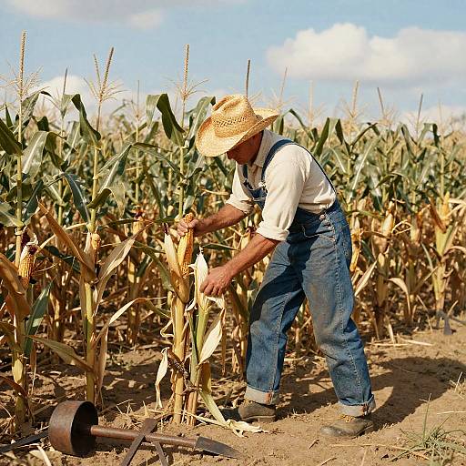 Photograph of an elderly man in a straw hat, white shirt, and blue jeans, harvesting corn in a sunny, cloud-dotted field.