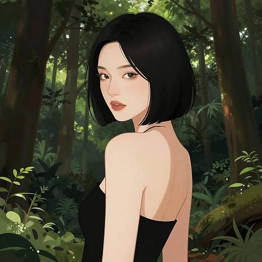 Asian Woman in Forest Illustration