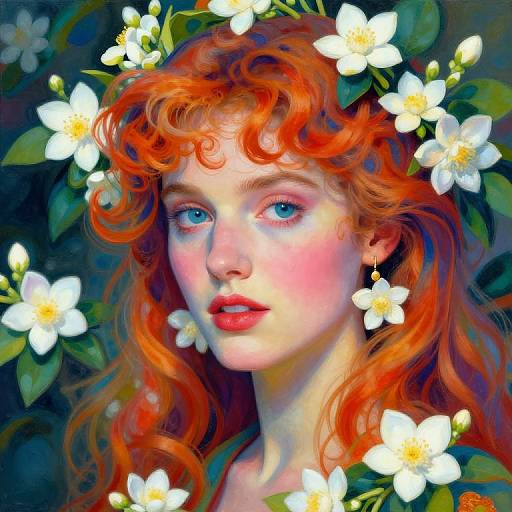 Digital painting of a fair-skinned woman with vibrant red curly hair, blue eyes, and red lips, surrounded by white flowers.