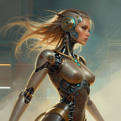 Digital art of a blonde, cybernetic woman with glowing blue circuits, metallic armor, and large headphones, standing in a futuristic, glowing environment.