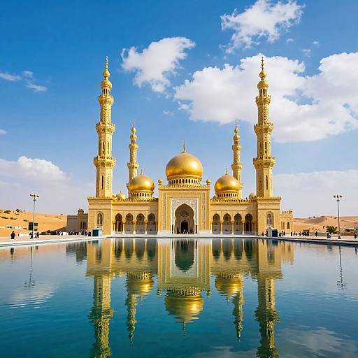 Photograph of a golden Islamic mosque with reflective pool, four minarets, and blue sky with white clouds, located in a desert landscape.