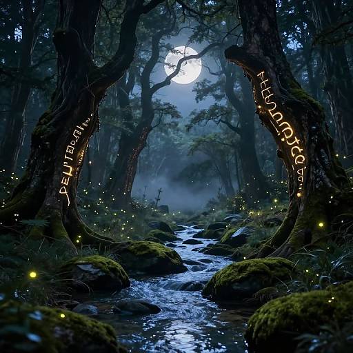 Digital fantasy artwork of a moonlit forest with glowing fireflies, a moss-covered stream, and two curved, illuminated tree trunks reading 