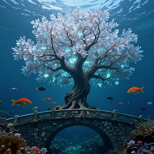 Underwater photograph of a glowing, ethereal tree with white flowers and blue light, surrounded by colorful fish, atop a stone bridge.