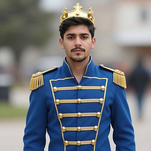 Photograph of a young man with dark hair and mustache, wearing a blue military-style uniform with gold epaulettes and a gold crown,