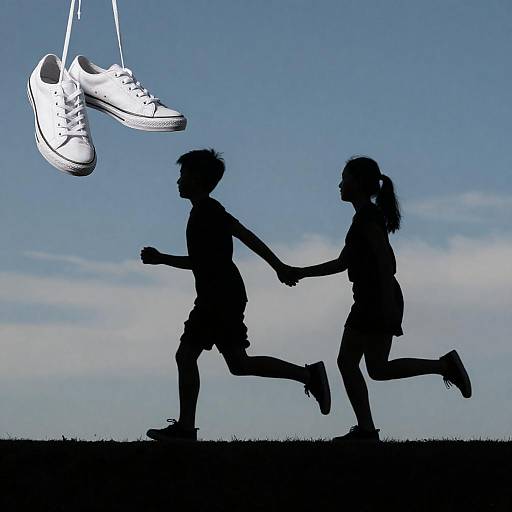 Silhouetted Children Running Under Blue Sky
