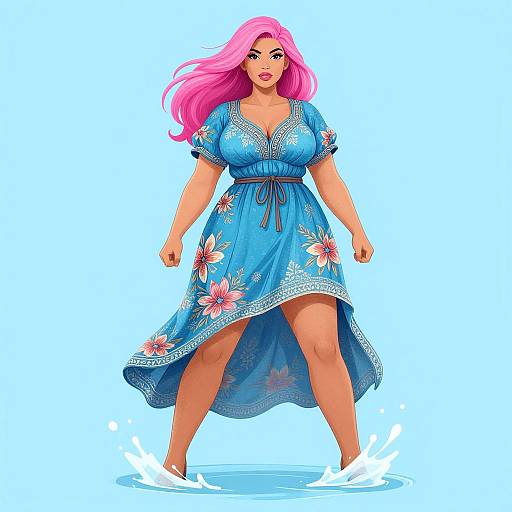 Digital illustration of a curvy woman with pink hair, wearing a blue floral dress, standing in water, with a confident expression.
