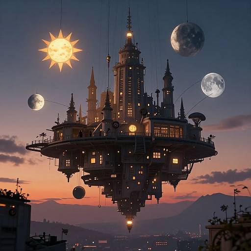 Fantasy illustration of a floating, gothic-style castle with illuminated windows, surrounded by glowing sun, moons, and planets against a twilight sky.