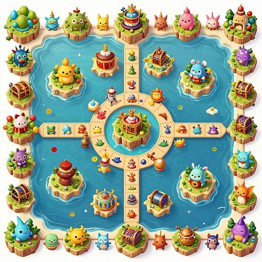 Colorful digital illustration of a board game island map with various adorable, cartoon-style animal and building islands in blue waters.