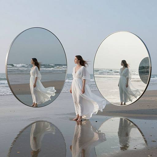 Photograph of a woman in a flowing white dress, reflected in two circular mirrors, standing on a wet, reflective beach with ocean waves in the background