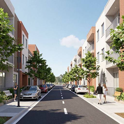 Photograph of a sunlit suburban street with modern apartment buildings on both sides, parked cars, pedestrians, and green trees.