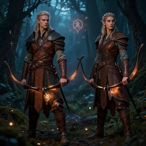 Photograph-like CGI: Two blonde, elven archers in dark leather armor with glowing bows stand in a mystical, blue-tinged forest,