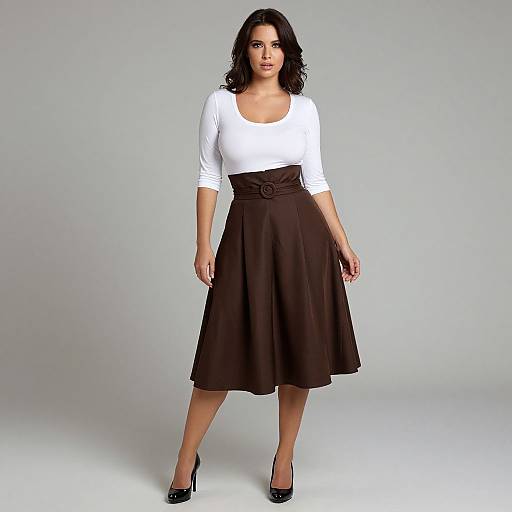 Photograph of a curvy woman with dark hair, wearing a white long-sleeve top, black high-waisted skirt, and black heels