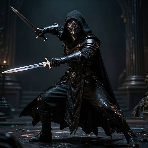 Dark, hooded warrior with glowing eyes, wielding dual swords, in a dimly lit, Gothic-style arena. CGI fantasy artwork.