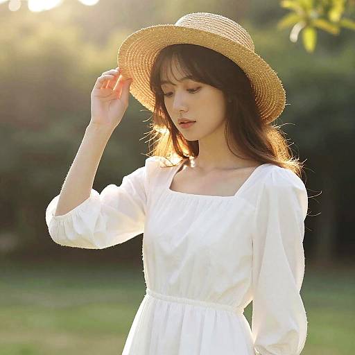 Photograph of a young woman with fair skin and long brown hair, wearing a white dress and straw hat, standing in a sunlit garden, gently