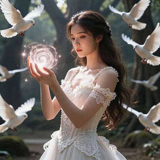 Photograph of a fair-skinned, long-haired woman in a white lace dress holding a glowing, swirling orb of light, surrounded by flying white do
