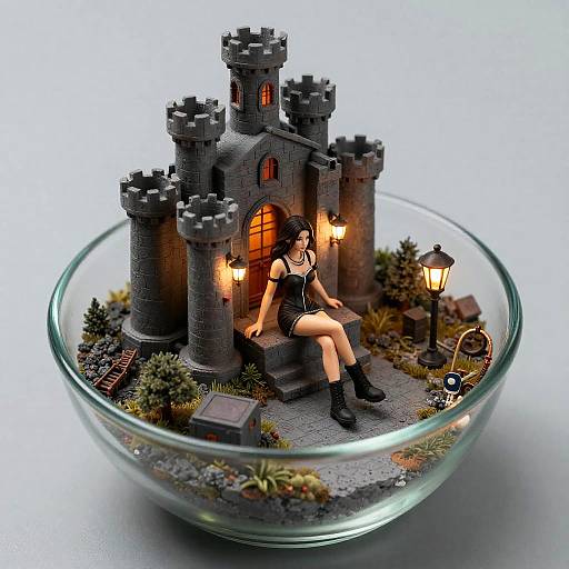 Miniature Girl in Dungeon in Glass Bowl