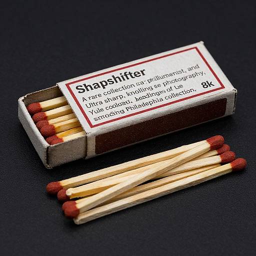 Photograph of a Shapelier box with six wooden matches, red tips, and white label, placed on a black surface.