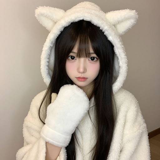 Photograph of a young Asian woman with long black hair, wearing a fluffy white bear-themed hoodie with ears and paw accents, against a plain beige background