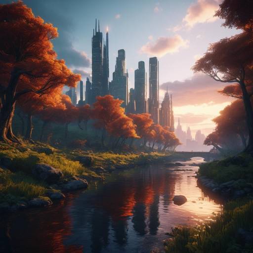 Epic Sunset Over Mystic Forest and City Epic Sunset Over Mystic Forest and City