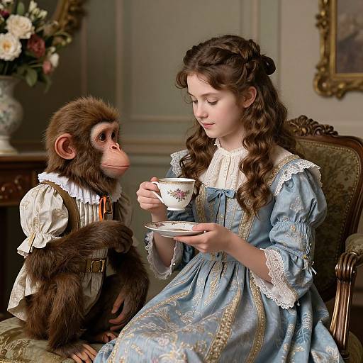 Photorealistic digital art: Young girl in blue, lace-trimmed dress offers teacup to dressed-up monkey in Victorian-style room with floral