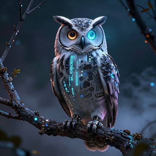 Digital artwork of a glowing, cybernetic owl with one blue and one yellow eye, perched on a dark, luminescent branch.