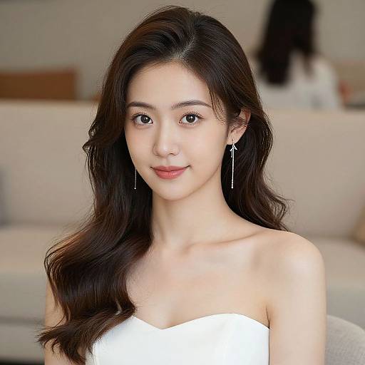 Photograph of an East Asian woman with long, wavy black hair, wearing white strapless top, and silver cross earrings, smiling gently in a
