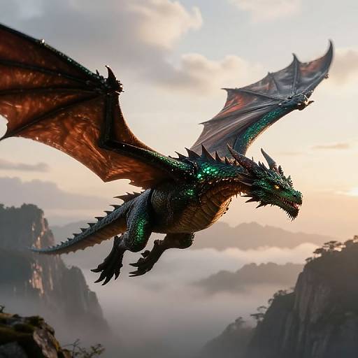 Digital artwork of a fierce, dark green and black dragon with glowing green eyes, soaring through a misty mountainous landscape at sunset.