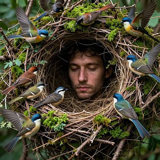 Photograph of a man with closed eyes, surrounded by a nest of colorful birds, including blue-throated blue birds, in a lush green forest